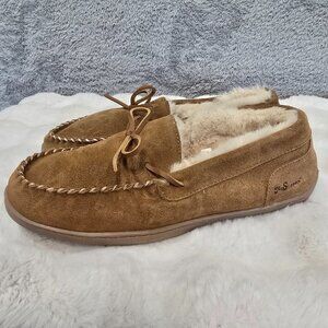 My Slippers Men's Tan Suede Faux Fur Lining Moccasin Style Size 14 Pre Owned